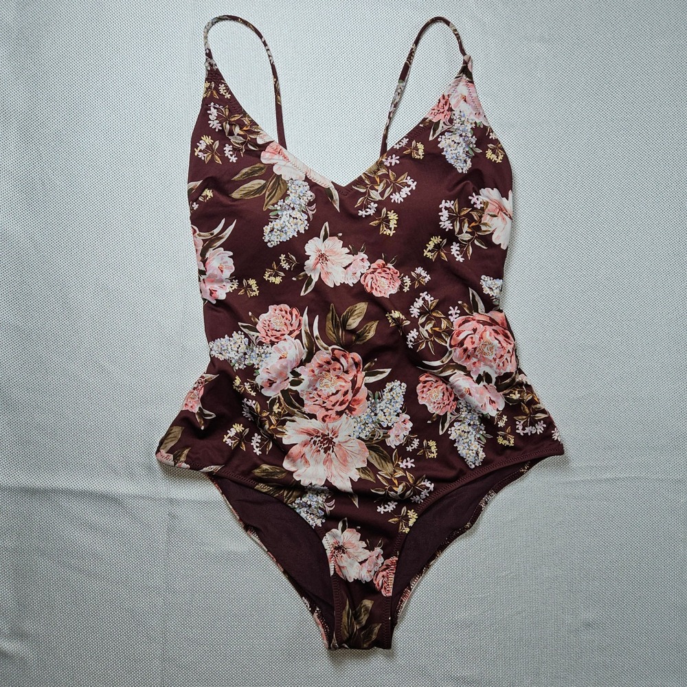 H&M Burgundy Floral Print One Piece‎ Swimsuit Women's Size 8